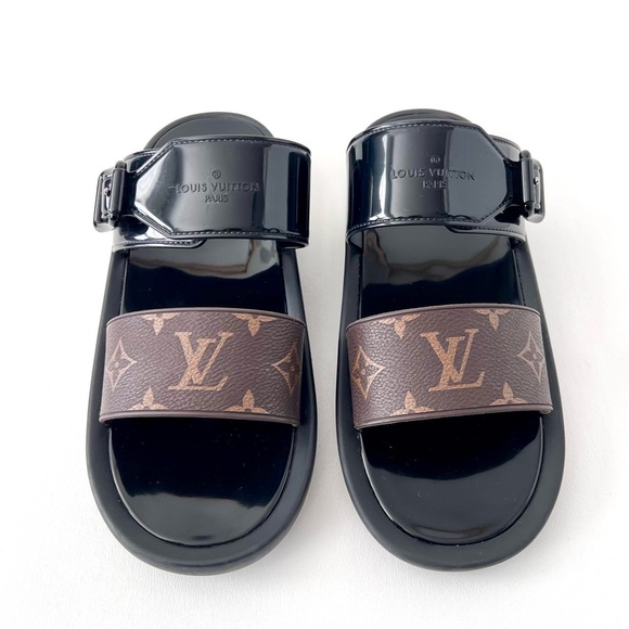 LOUIS VUITTON | Sunbath Slide LV Brown Monogram Logo Canvas Black Rubber EU 39 - Picture 1 of 10